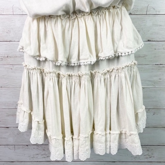 MISA Los Angeles Linen Popover Ruffle Tiered Mini Dress in Ivory Cream S - Picture 8 of 10